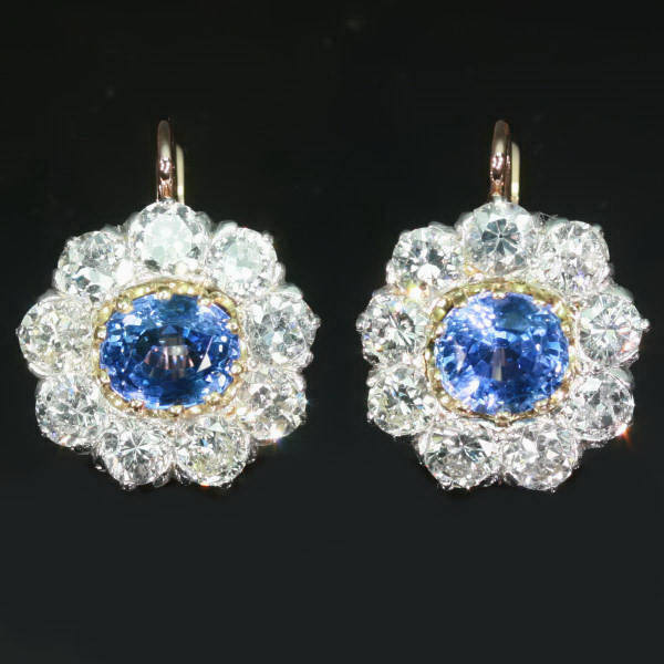 Estate cluster diamond sapphire lever-back drop earrings
